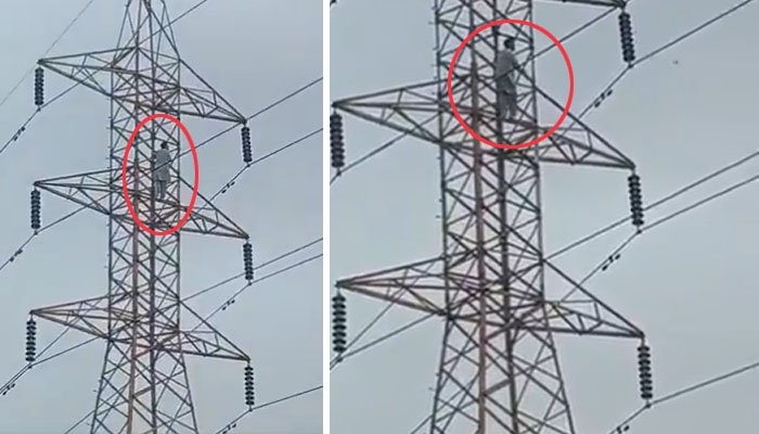 لاہور: ٹریفک چالان سے تنگ شہری بجلی کے ہائی وولٹیج کھمبے پر چڑھ گیا